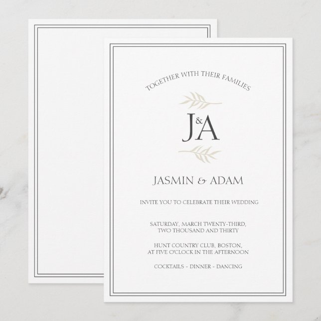 Elegant Enkel vit klassisk Initialer Bröllop Inbjudningar (Fram/baksida)