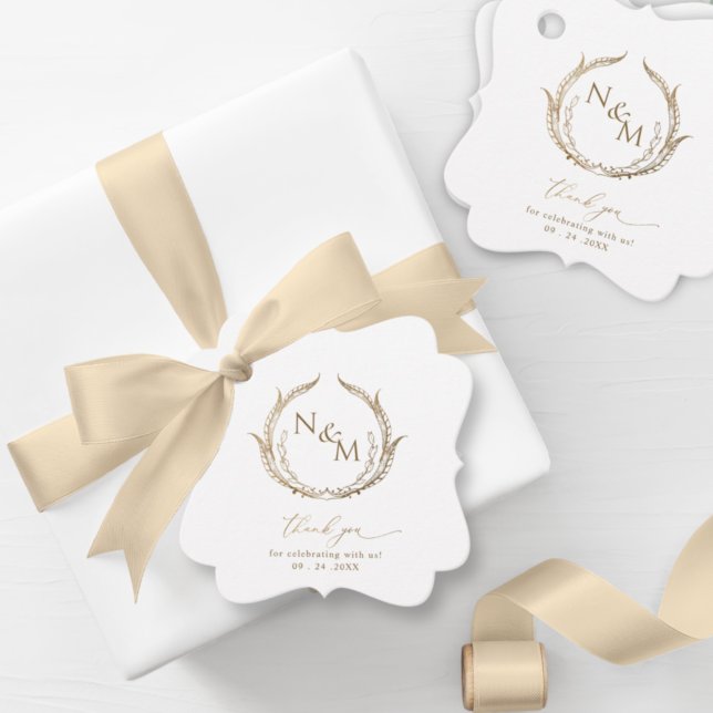 Elegant Enkel, vit och Guld Monogram Bröllop Gåvor Etiketter (Skapare uppladdad)