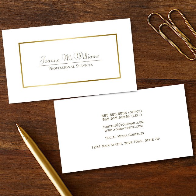 Elegant Enkel vit och Guld Professionell Visitkort (Front/Back)