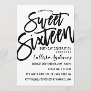 Elegant Enkel vit och svart typografi, sötad 16 Inbjudningar