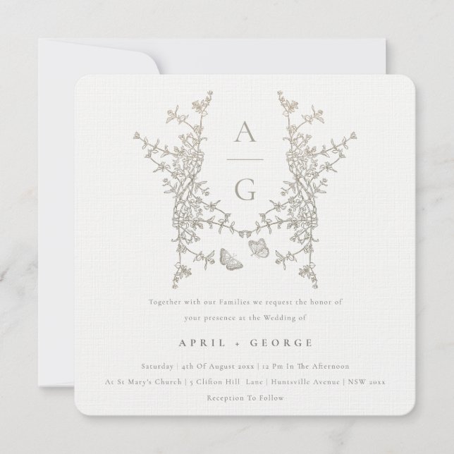 Elegant Enkelt botaniskt Vapensköld Monogram Bröll Inbjudningar (Framsida)