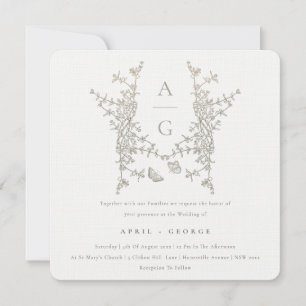 Elegant Enkelt botaniskt Vapensköld Monogram Bröll Inbjudningar