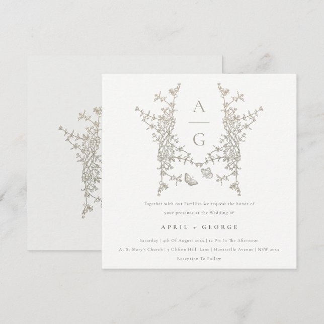 Elegant Enkelt botaniskt Vapensköld Monogram Bröll Inbjudningar (Fram/baksida)