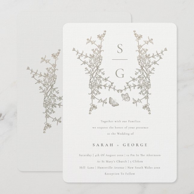 Elegant Enkelt botaniskt Vapensköld Monogram Bröll Inbjudningar (Fram/baksida)