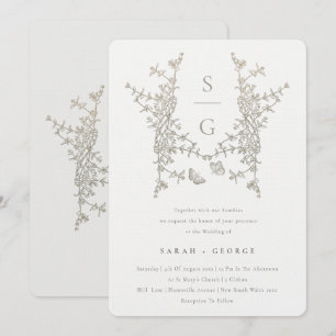 Elegant Enkelt botaniskt Vapensköld Monogram Bröll Inbjudningar
