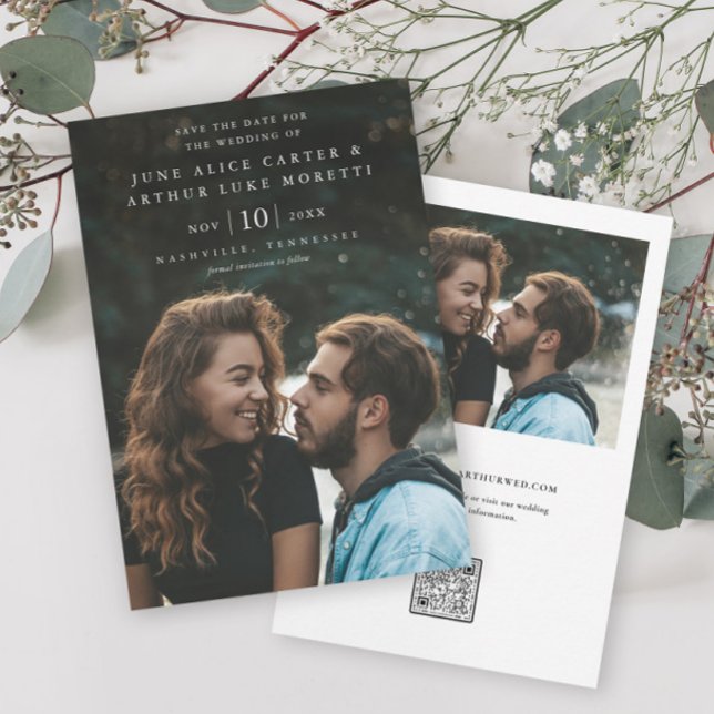 Elegant - enkelt foto Bröllop spara datum Inbjudningar (Elegant photo wedding save the date with classic typography overlay and QR code.)