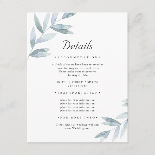 Elegant Enkelt löv. Uppgifter om Botaniskt Bröllop Tilläggskort (Framsida)