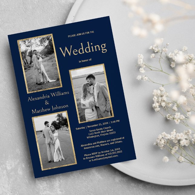 Elegant Enkelt marint blått Guld-foto Bröllop Inbjudningar (Elegant Simple Navy Blue White Gold Photo Wedding )