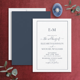 Elegant Enkelt marint blått Monogram Bröllop Inbjudningar