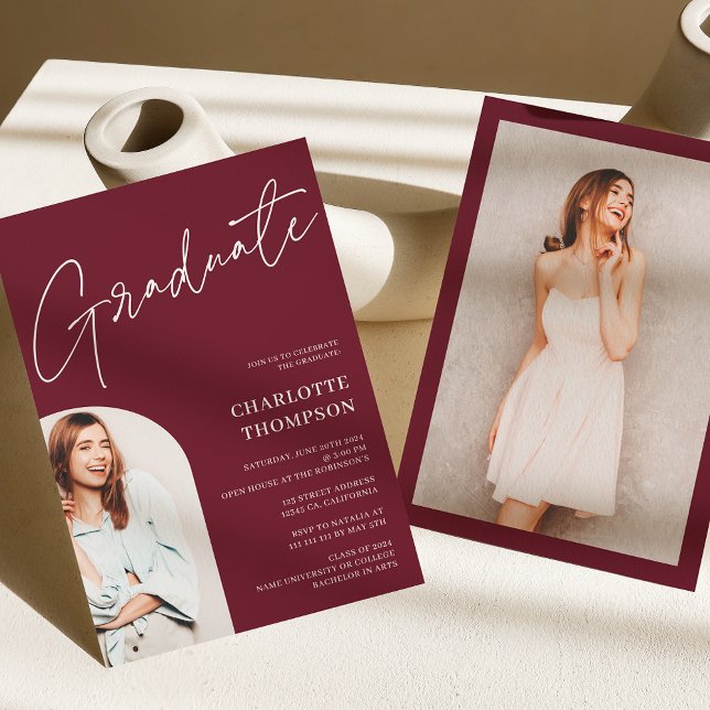 Elegant - enkelt, modernt burgundfoto studenten inbjudningar (Elegant simple modern burgundy photo graduation invitation)