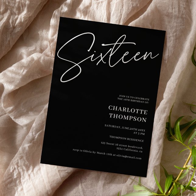 Elegant - enkelt, modernt, svart foto Sweet 16 Inbjudningar (Skapare uppladdad)