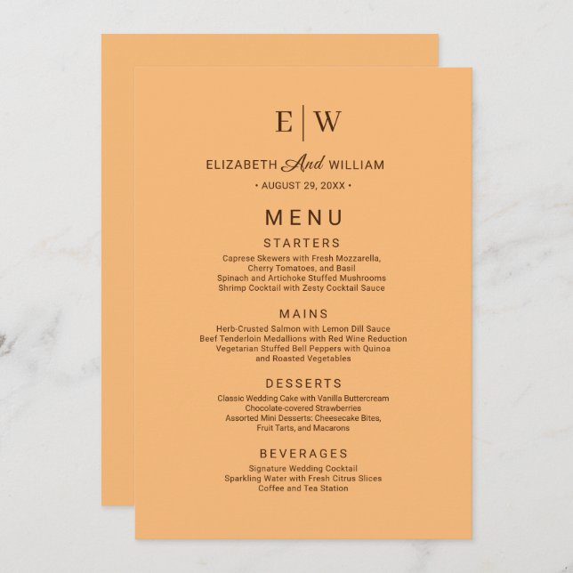 Elegant Enkelt persikofärgad monogram Bröllop Meny (Fram/baksida)