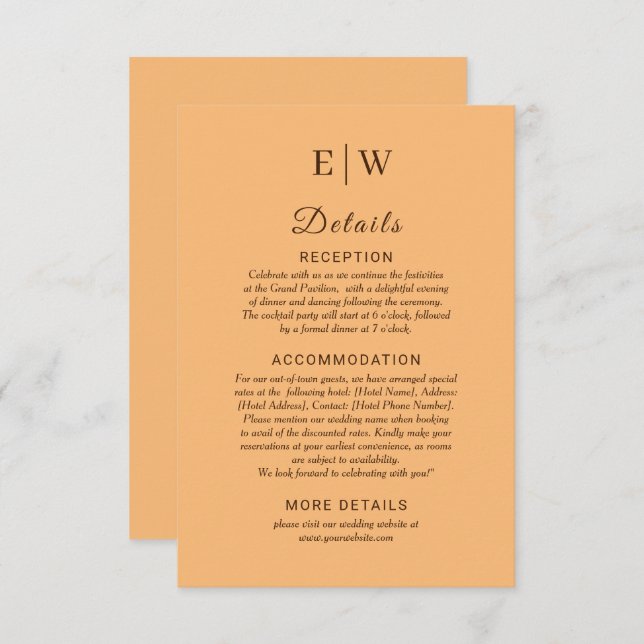 Elegant Enkelt persikofärgad monogram Bröllop Tilläggskort (Fram/baksida)