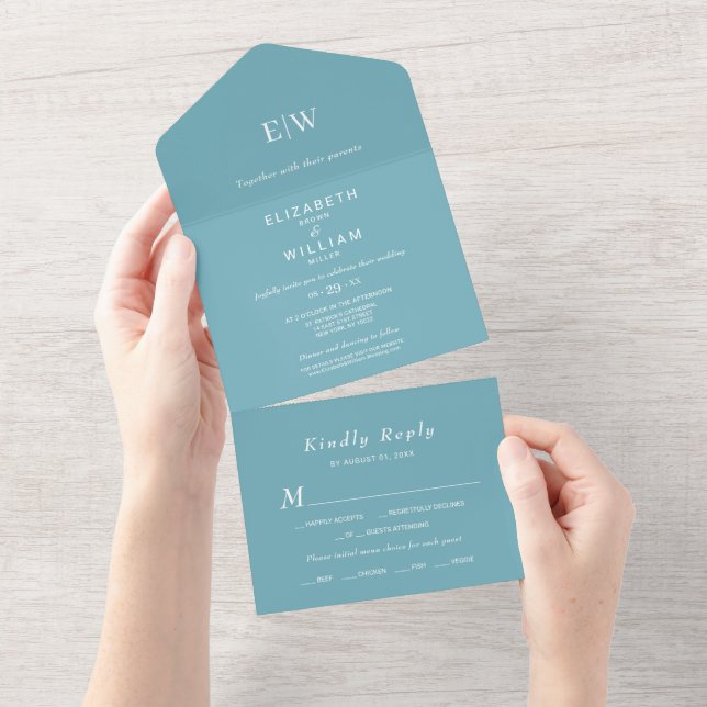 Elegant enkelt Retro Blue med Monogram Bröllop (Avrivbar del)