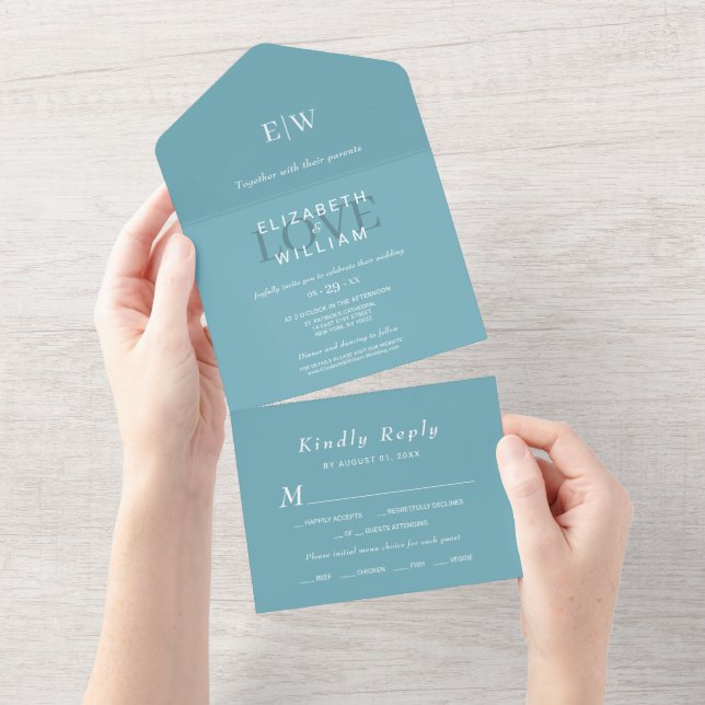 Elegant enkelt Retro Blue med Monogram Bröllop (Avrivbar del)