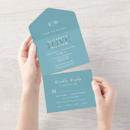 Elegant enkelt Retro Blue med Monogram Bröllop