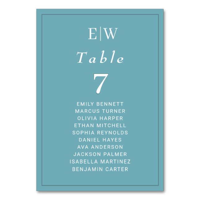 Elegant enkelt Retro Blue med Monogram Bröllop Bordsnummer (Framsidan)