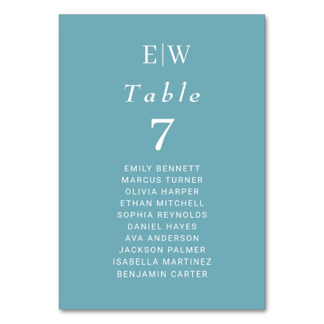 Elegant enkelt Retro Blue med Monogram Bröllop Bordsnummer (Framsidan)