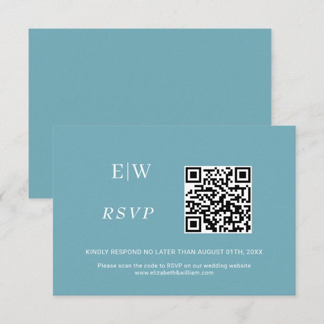 Elegant enkelt Retro Blue med Monogram Bröllop OSA Kort (Fram/baksida)