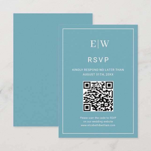Elegant enkelt Retro Blue med Monogram Bröllop OSA Kort (Fram/baksida)