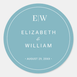 Elegant enkelt Retro Blue med Monogram Bröllop Runt Klistermärke