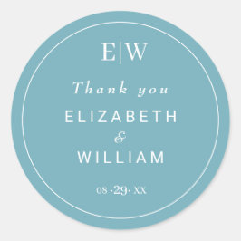 Elegant enkelt Retro Blue med Monogram Bröllop Runt Klistermärke