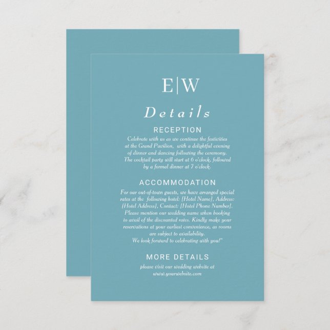 Elegant enkelt Retro Blue med Monogram Bröllop Tilläggskort (Fram/baksida)