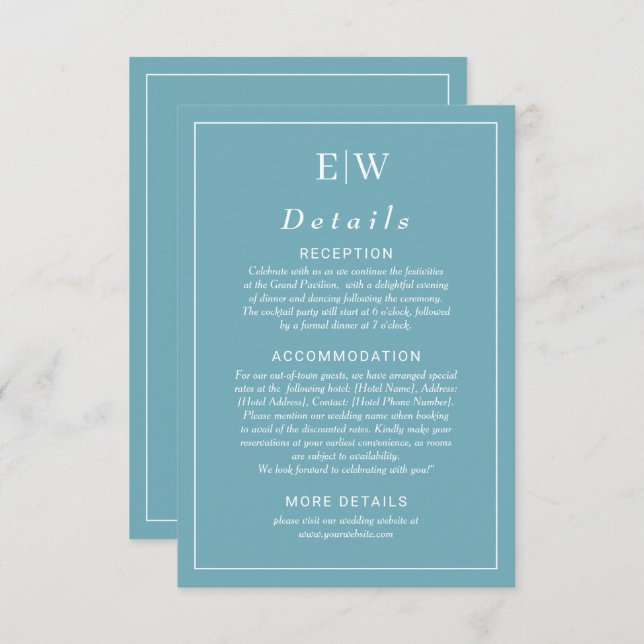 Elegant enkelt Retro Blue med Monogram Bröllop Tilläggskort (Fram/baksida)