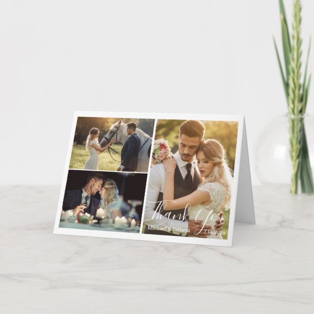 elegant - enkelt skript, bröllop 3-foto, chic tack kort (Framsida)
