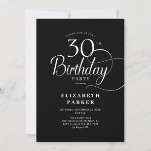Elegant Enkelt svartvitt 30års födelsedag Inbjudningar