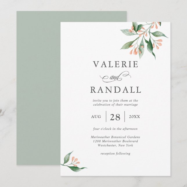 Elegant Enkelt vattenfärg Botaniskt Bröllop Inbjudningar (Fram/baksida)