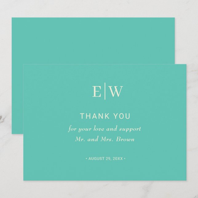 Elegant Enkelt vattenlevande Awe med Monogram Bröl Tack Kort (Fram/baksida)