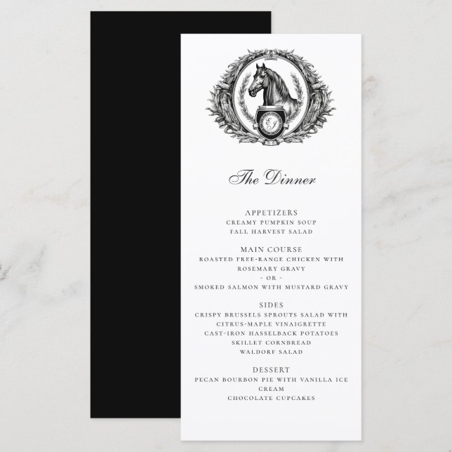Elegant Equestrian Horse Monogram Vapensköld Bröll Meny (Fram/baksida)