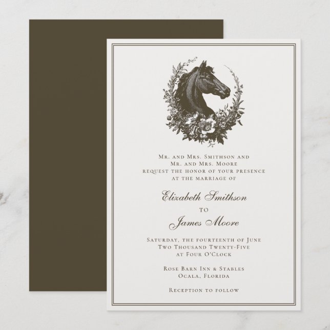 Elegant Equestrian Horse Wreath Equine Wedding Inbjudningar (Fram/baksida)
