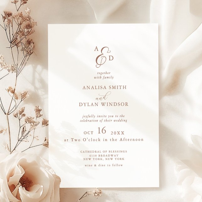 Elegant et-tecken Mocha Mousse Monogram Bröllop Inbjudningar (Skapare uppladdad)