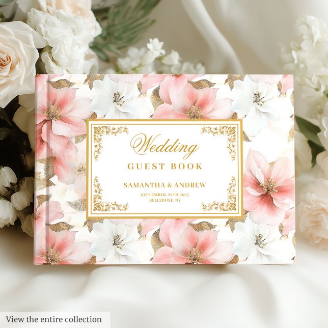 Elegant eterisk rosenvattenfärg gästbok för bröllo (Lovely watercolor dusty pink gold wedding guest book)