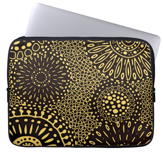 Elegant etniskt blommönstrat svart guld laptopslee laptop fodral (Framsidan)