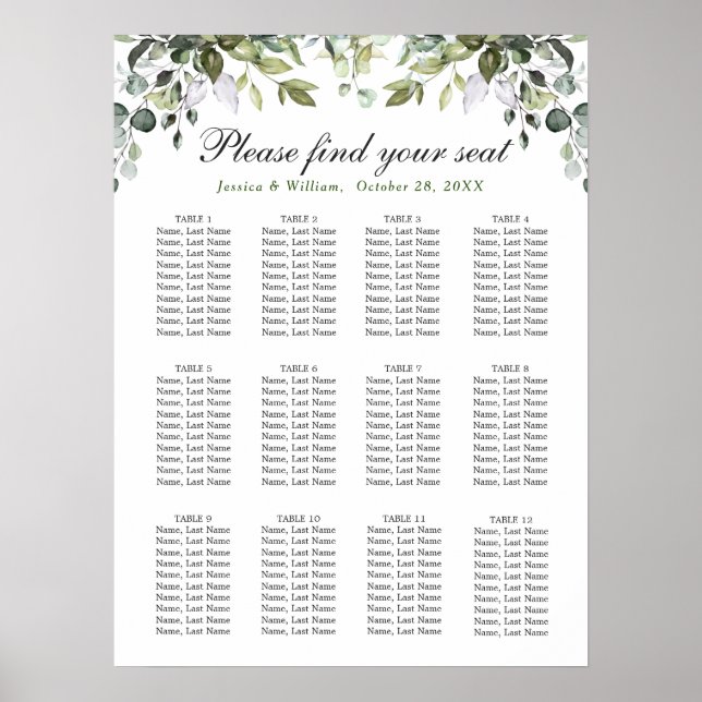 Elegant Eucalyptus 12 Bord Bröllop SEATING CHART Poster (Framsidan)