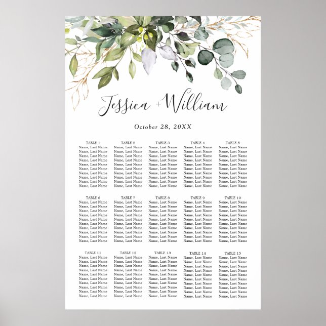 Elegant Eucalyptus 15 Bord Bröllop SEATING CHART Poster (Framsidan)