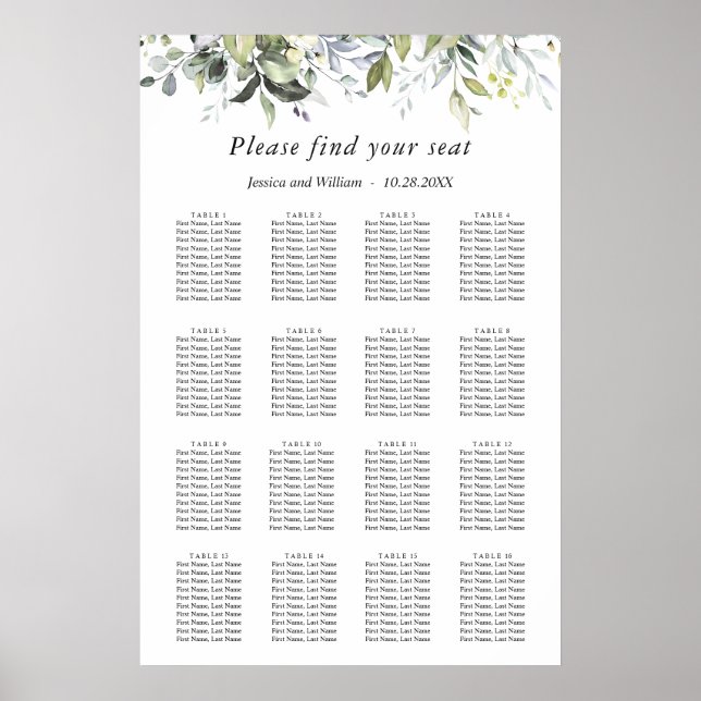 Elegant Eucalyptus 16 Bord Bröllop SEATING CHART Poster (Framsidan)
