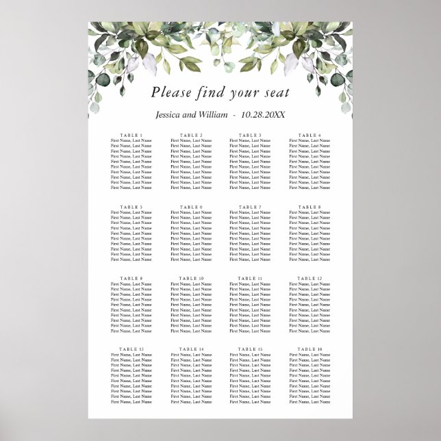 Elegant Eucalyptus 16 Bord Bröllop SEATING CHART Poster (Framsidan)