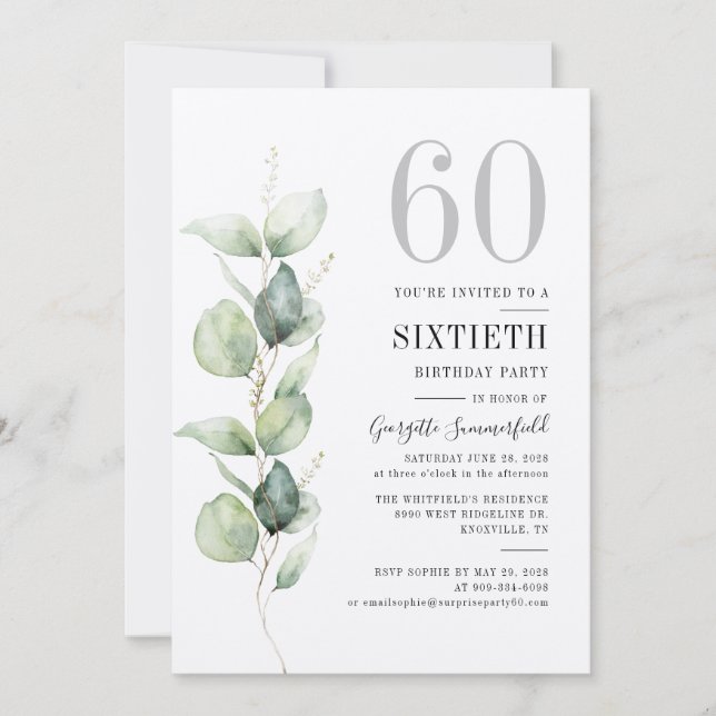 Elegant Eucalyptus 60:e Födelsedagsfest inbjudan (Framsida)