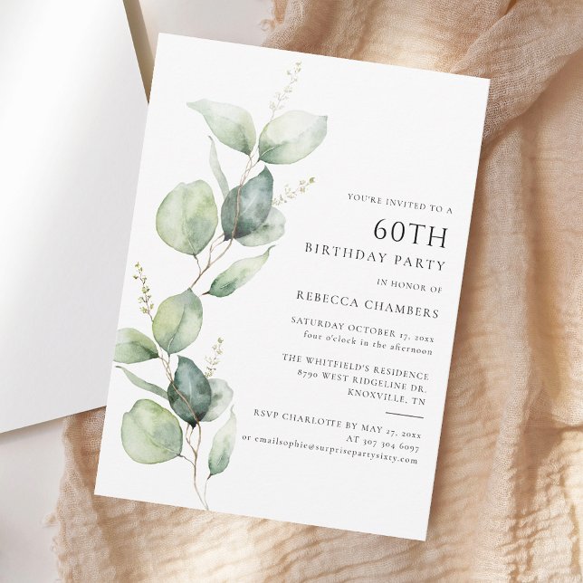 Elegant Eucalyptus 60: e Födelsedagsfesten Inbjudningar (Elegant Watetrcolor Eucalyptus 60th Birthday Party Invitation)