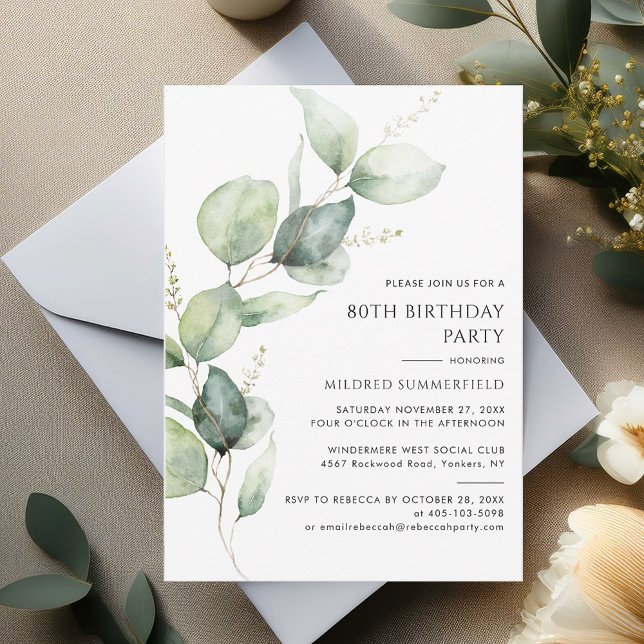 Elegant Eucalyptus 80: e Födelsedagsfesten Inbjudningar (80th Birthday Party Sage Green Eucalyptus Block Stem Invitation)