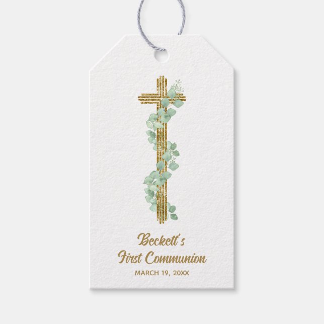 Elegant Eucalyptus and Cross First Communion Presentetikett (Framsidan)