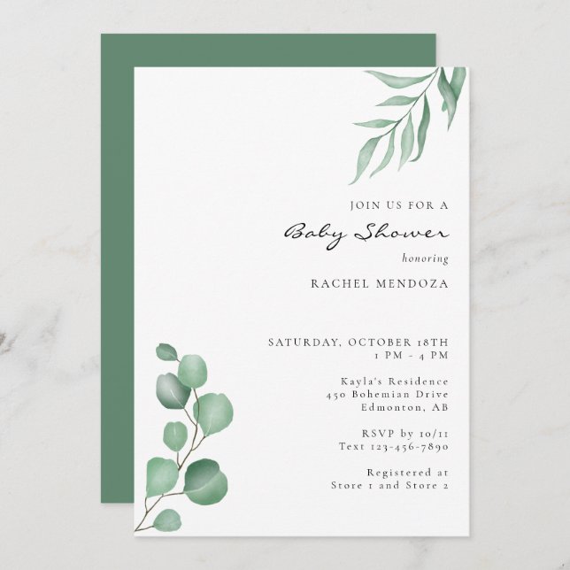 Elegant Eucalyptus Baby Shower Greenery Neutralt Inbjudningar (Fram/baksida)