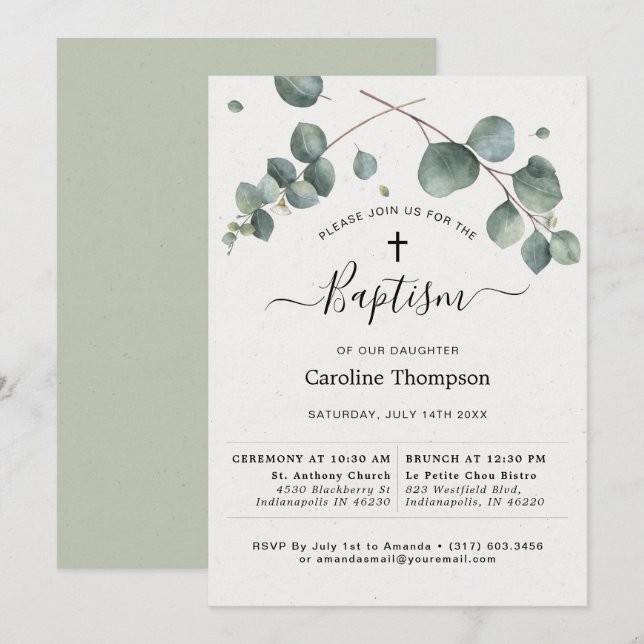Elegant Eucalyptus Baptism Inbjudningar (Fram/baksida)