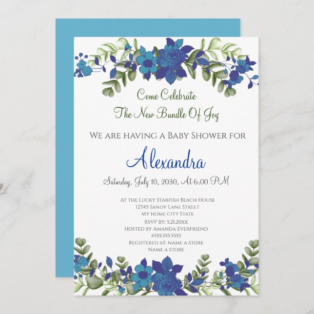 Elegant Eucalyptus Blommigt Baby Shower-inbjudan (Fram/baksida)