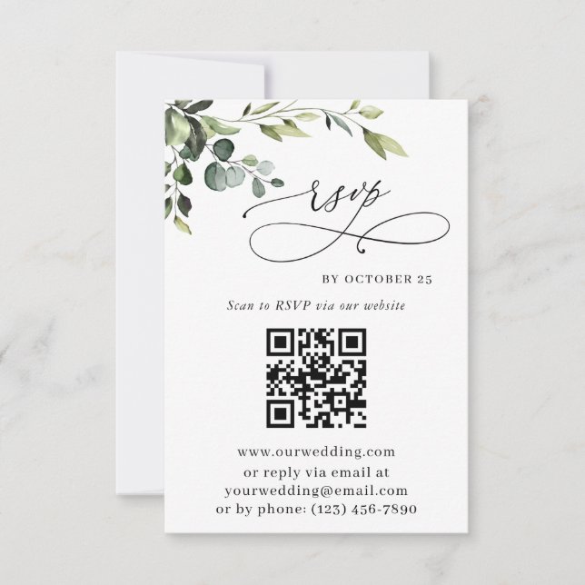 Elegant Eucalyptus Blommigt Bröllop QR-kod OSA Kort (Framsida)