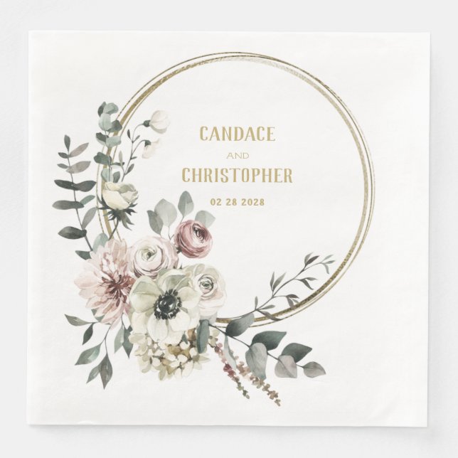 Elegant Eucalyptus  Blommigten Guld Ram Pappersservett (Framsida)